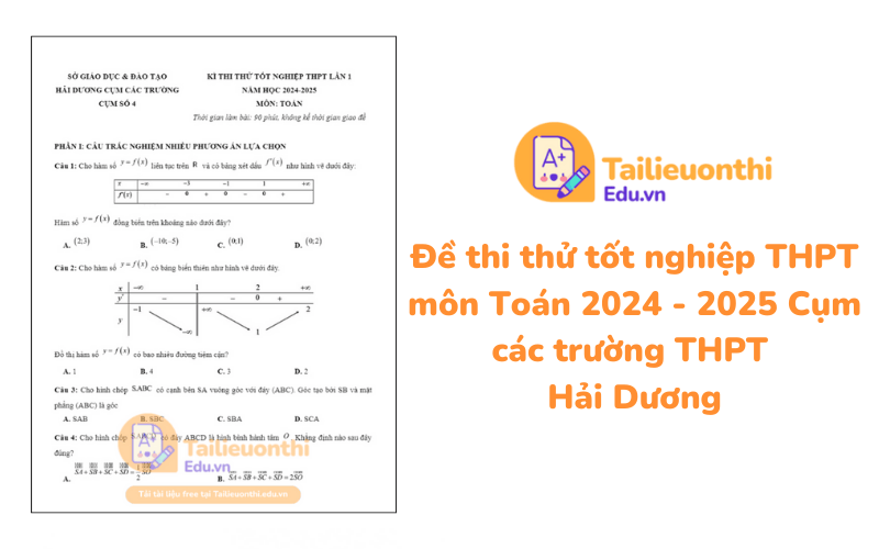 Đề thi thử tốt nghiệp THPT môn Toán 2024 - 2025 Cụm các trường THPT Hải Dương